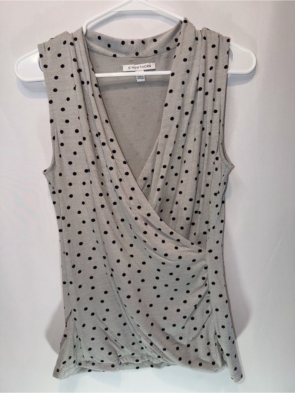 41 Hawthorn Light Gray Polka Dot Faux Wrap Sleeveless Top